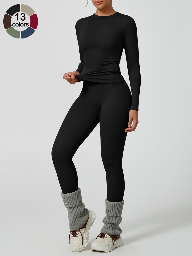 Women's Solid Long-Sleeve Tee & High-Waist Leggings Set, Sporty Round Neck Top & Skinny Pants 2-Piece Set for Gym Workout and Running, Ladies Fall & Winter Sportswear, Sports Fitness Wear