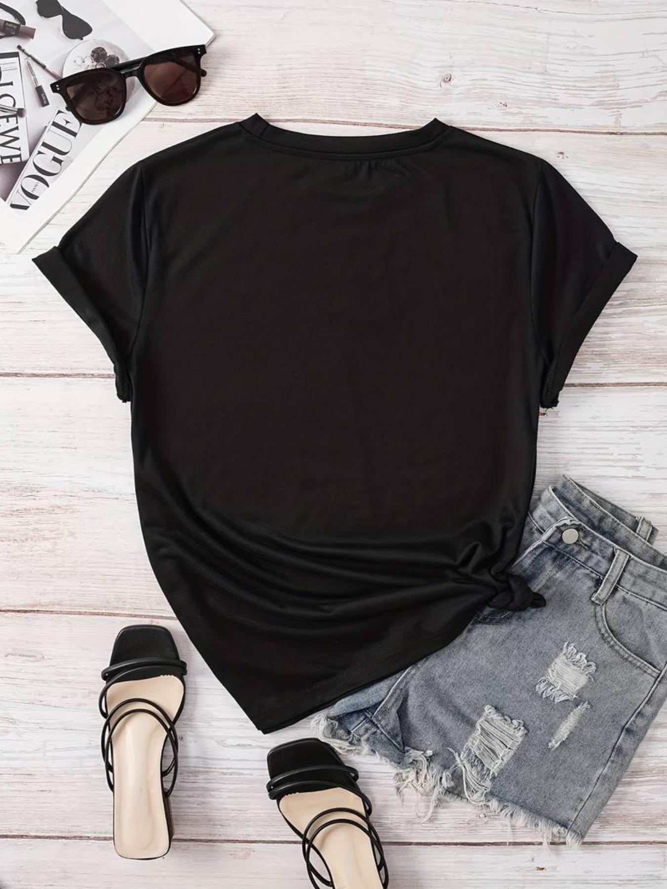 【Plus Size】 Book & Letter Print Round Neck Tee, Fashion Casual Crew Neck Short Sleeve T-Shirt for Daily Outdoor Wear, Women Tops for All Seasons