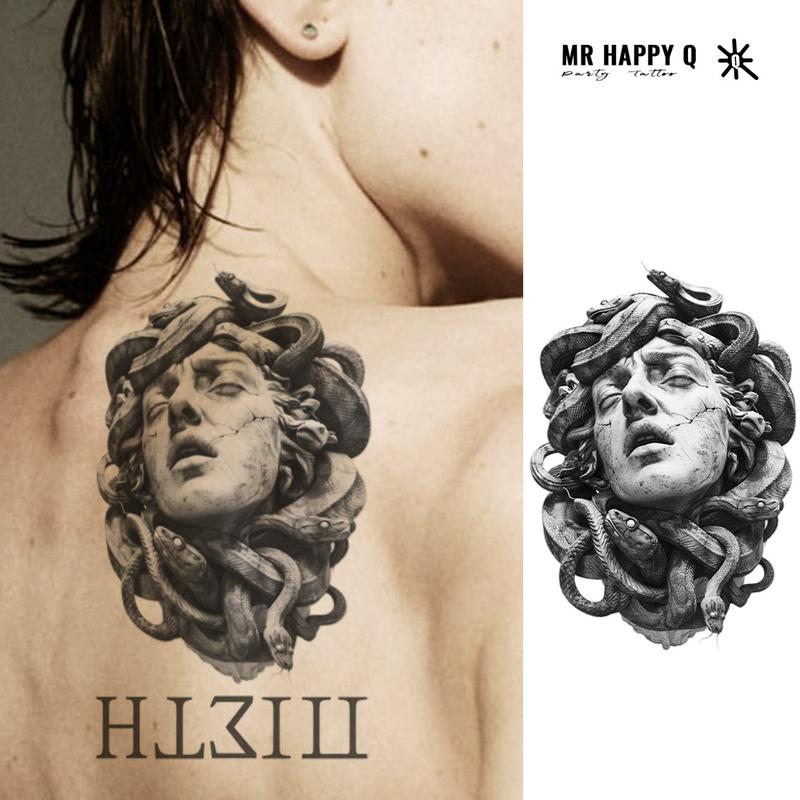 Temporary Tattoo Sticker Greek Mythology Theme Medusa Snake Hair Design Gothic Art Magic Tattoo Realistic Skin Waterproof Neck Arm Unisex Party Decoration
