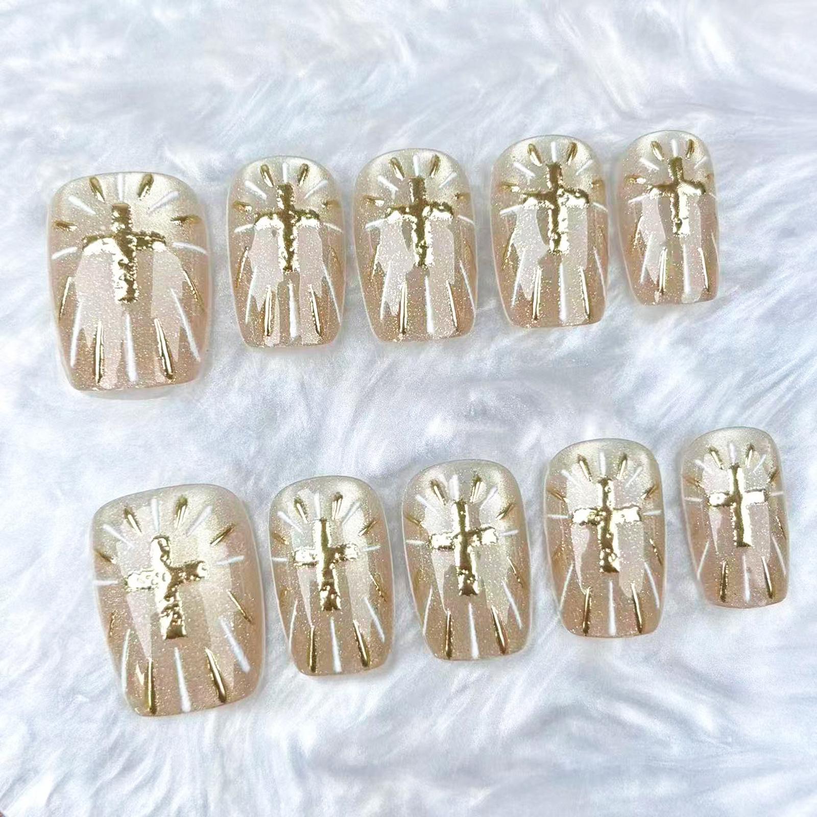 Luxury Nail Freedom! Champagne Gold Cat Eye Exquisite Hand-Painted Cross Press On Fake Nails, Get Baddie Nails In 5 Mins, No Salon Needed