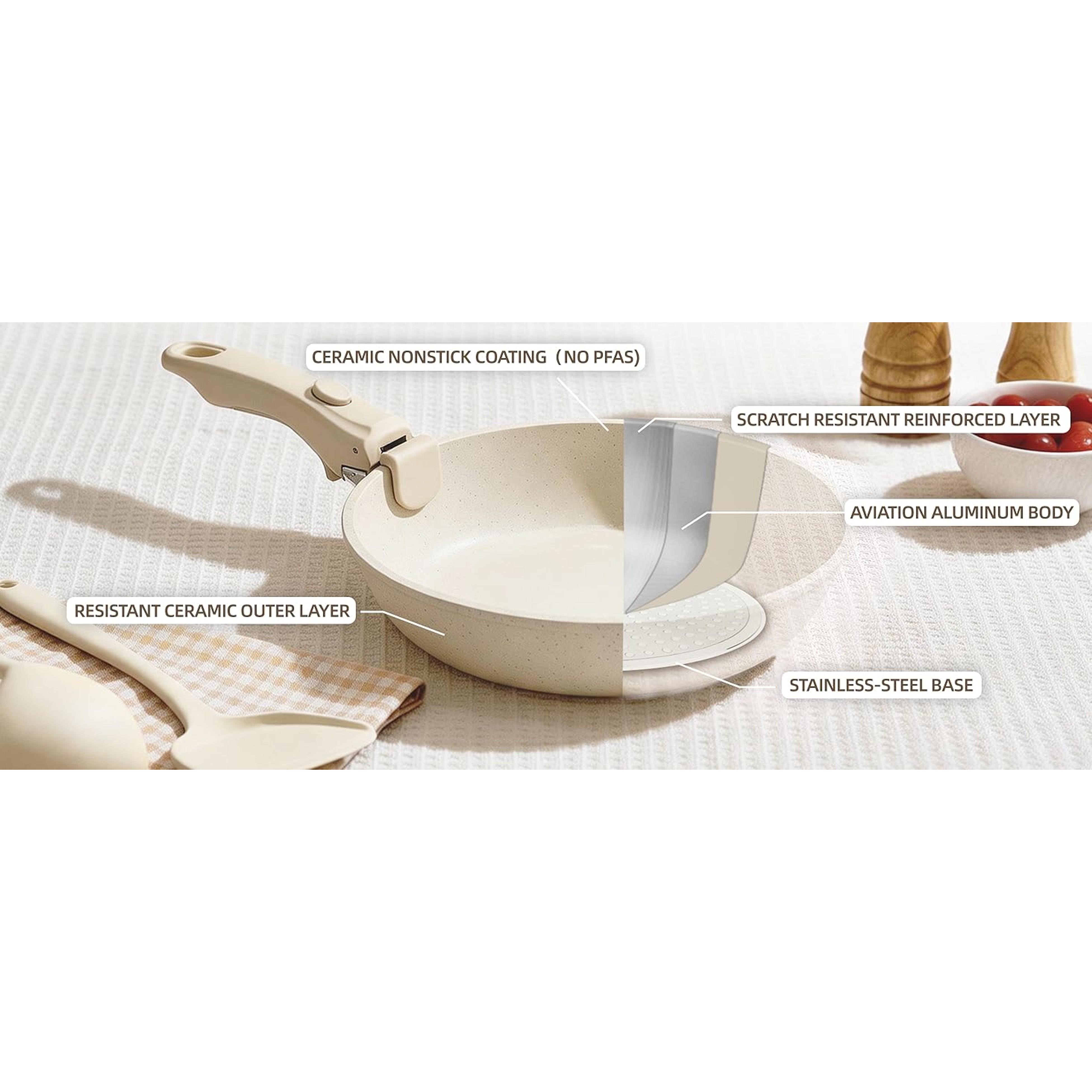 Ceramic Cookware Set Non Stick 8Pcs Pots and Pans Set Detachable Handle Induction Kitchen Cooking Set with Frying Pans Oven Dishwasher Safe, PFAS/PFOA Free, Cream White