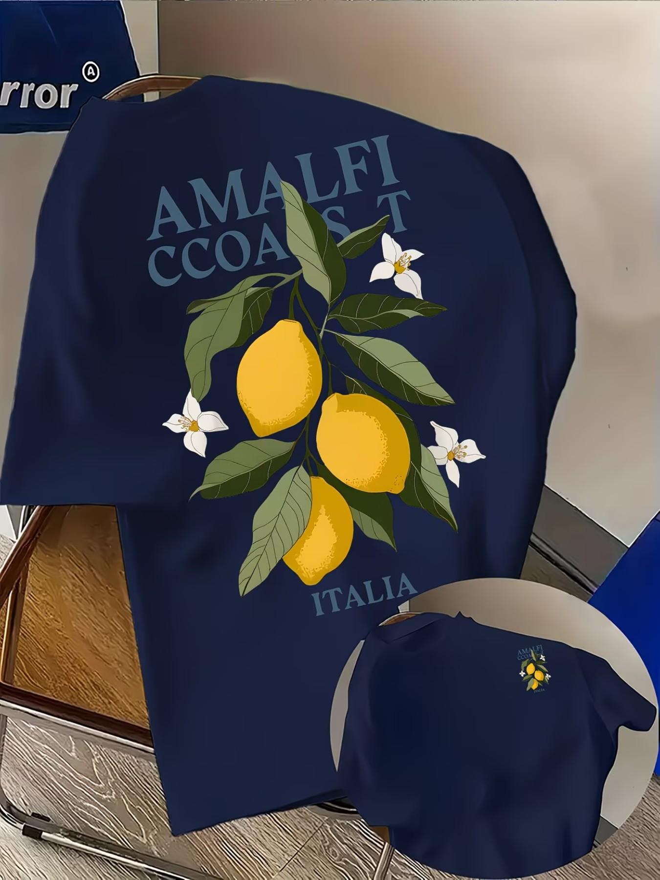 Men's Casual Amalfi Coast Lemon Print T-Shirt, Fashion Double-Sided Print, Lightweight Elastic, Regular Fit, Summer Streetwear