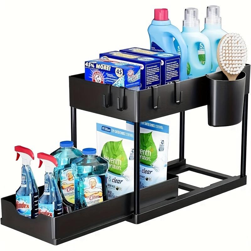 Sliding Sink Organizer Rack with Metal Frame, Pull-Out Storage Basket, Adjustable Storage, Space Saving Cabinet Organizer for Kitchen Bathroom Laundry Room