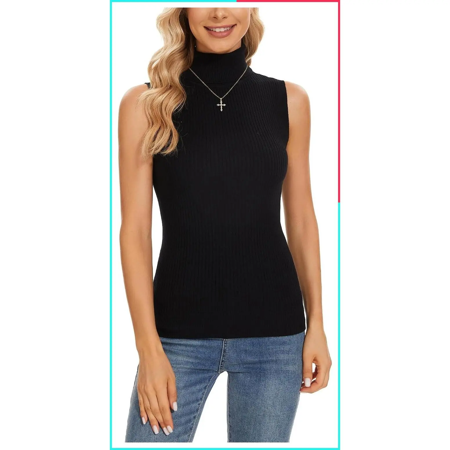 Women's Slim Fit Sleeveless Turtleneck Knit Top Lightweight Stretchy Business Casual Sweater Vest