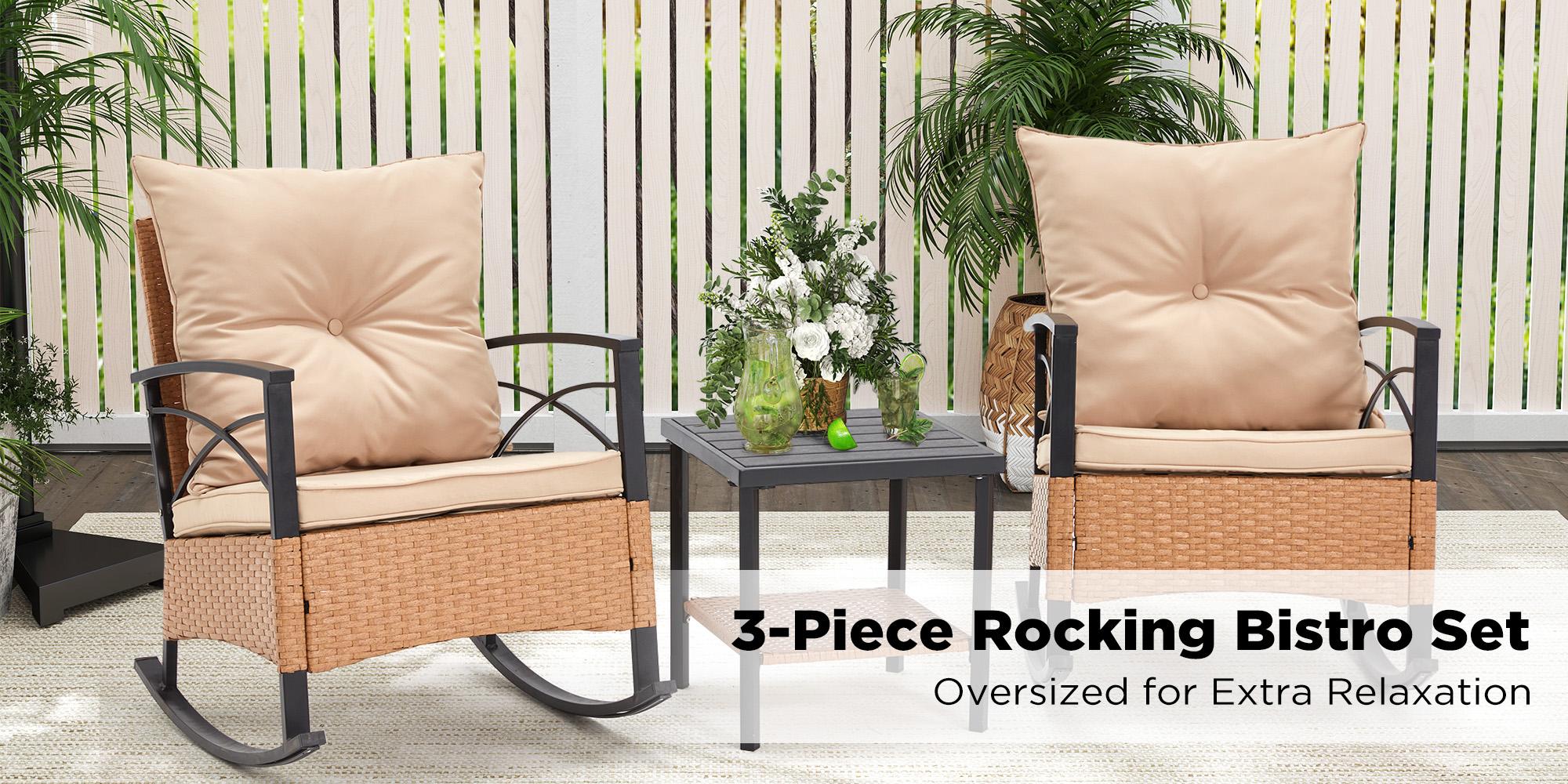 EROMMY 3-Piece Bistro Set: Outdoor PE Rattan Rocking Chairs with Cushions and Coffee Table, Patio Rocker Chair Set for Porch and Backyard Wooden Furniture