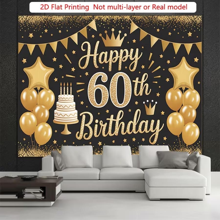 Gold 60th Birthday Banner, Balloon and Confetti Elements, Polyester Material, Party Wall Decor, Ideal for Photoshoots and Celebrations