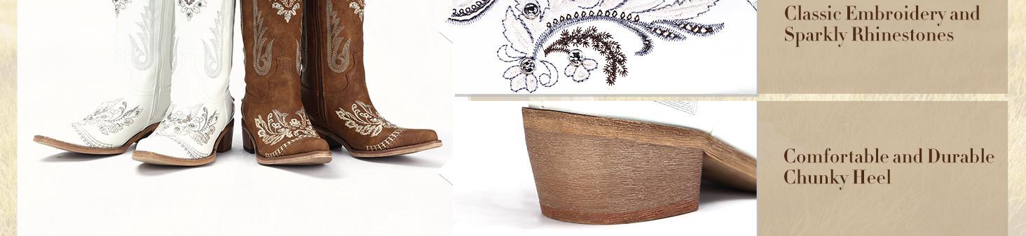 Fashion Cowboy Boots for Women - Wide Calf Sparkly Cowgirl Boots, Comfort Women's Knee High Rhinestone Boots, Glitter Sparkle Country Boots with Classic Embroidery, Pointed Toe Pull On Zipper for Festival Concert Outfits