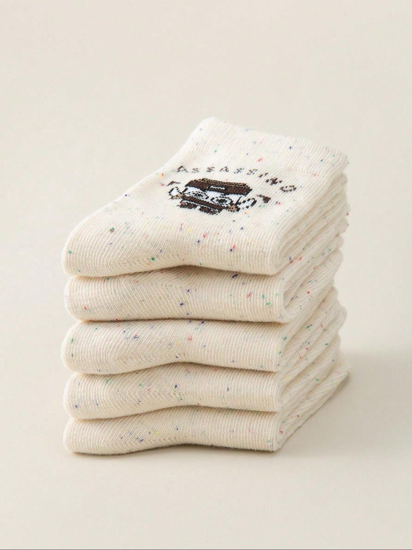 5 Pairs Kids Socks, Student Mid-Calf, Shark Pattern, Banana Monkey Cartoon, Fun Personality, Soft Comfortable, Daily Wear