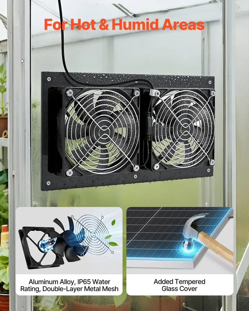VEVOR Solar Powered Fan with 15W Output Solar Panel, 2 Fans, Adjustable Angle, 2668 RPM High-Speed, Brackets Screws for Roof-Wall-Ground Installation, Metal Guard, 3.86 lbs, 11.81x6.30x1.50 in (300x160x38 mm), Fast Air Exchange for Greenhouses