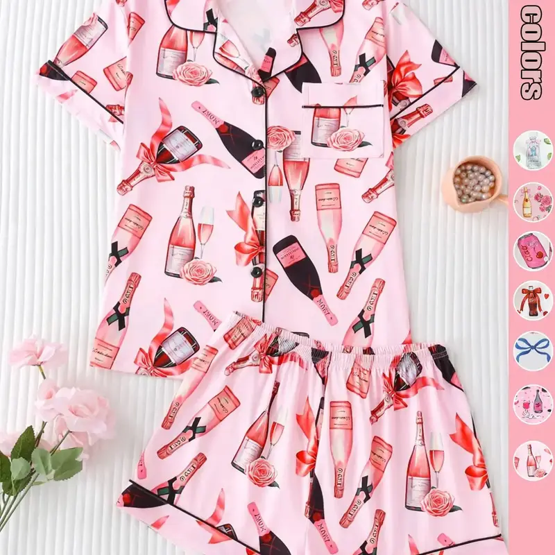 Women's All Over Print Shirt & Shorts Pyjama Two-piece Set, Comfy Short Sleeve Collared Top & Shorts PJ Set, Ladies Sleepwear for All Seasons Pajama Set, Casual Sleepwear Loungewear Homewear Sleep Sets