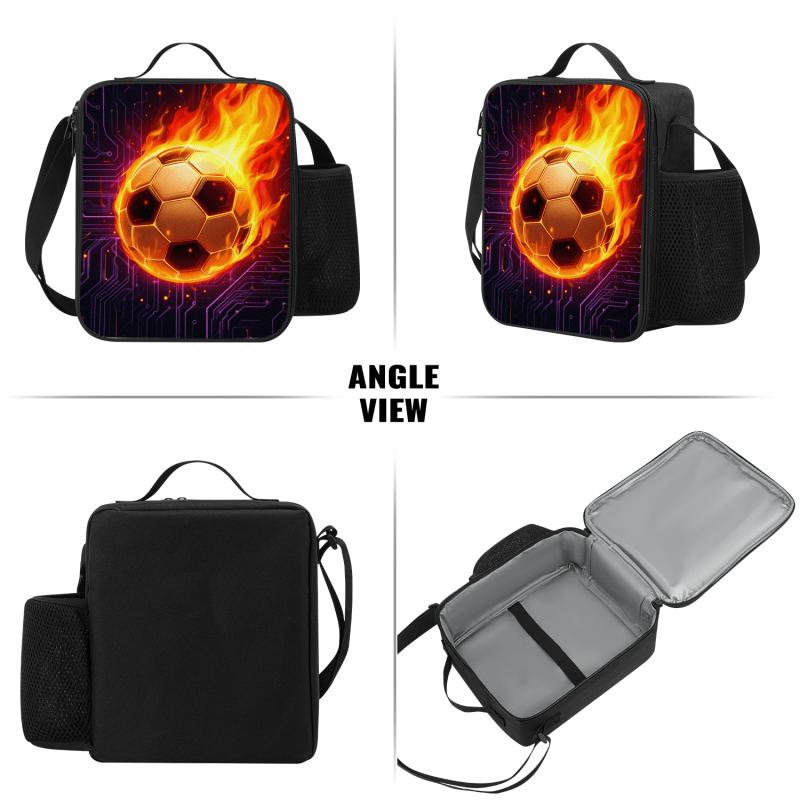 "Flaming Soccer" Insulated Lunch Bag — Features Adjustable Shoulder Strap, Top Handle, and Mesh Side Pocket — Leak-Proof Lunch Tote for Work, Commuting, Picnics, and Travel