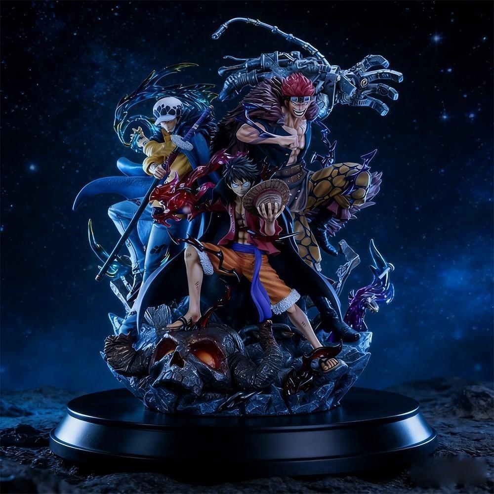 One Piece Supernova Trio Figure, Luffy / Law / Kid Three Captains Statue，Onigashima Captains Collectible Statue, With Special Effects Base，Three Captains Anime Figure, Collectible Set for Fans & Display，With Skull Base and Full Aura Details