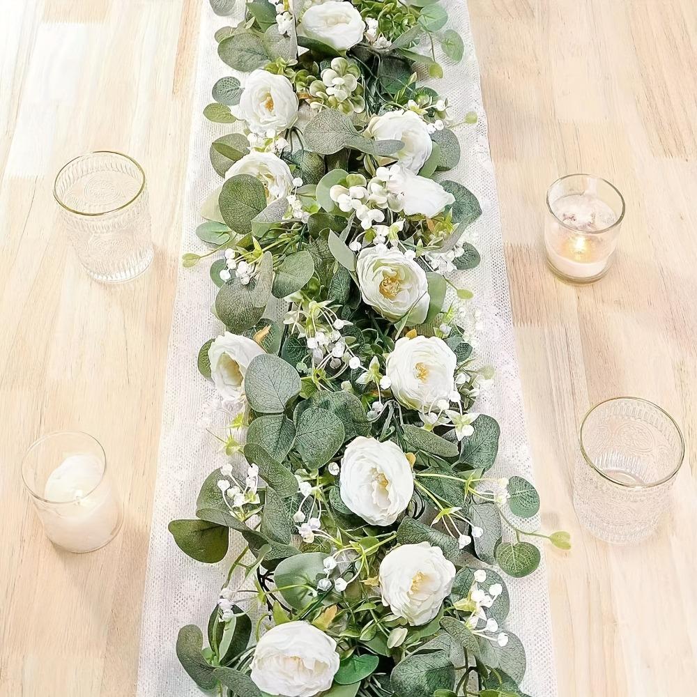 70-inch Eucalyptus and Rose Garland, Plastic Flower Vine for Home Decor, Wedding and Engagement Table Decoration for Various Room Types, Featherless Plastic Floral Vine, Ideal for Party Tables & Indoor Wall Backdrops, Artificial Eucalyptus Garland
