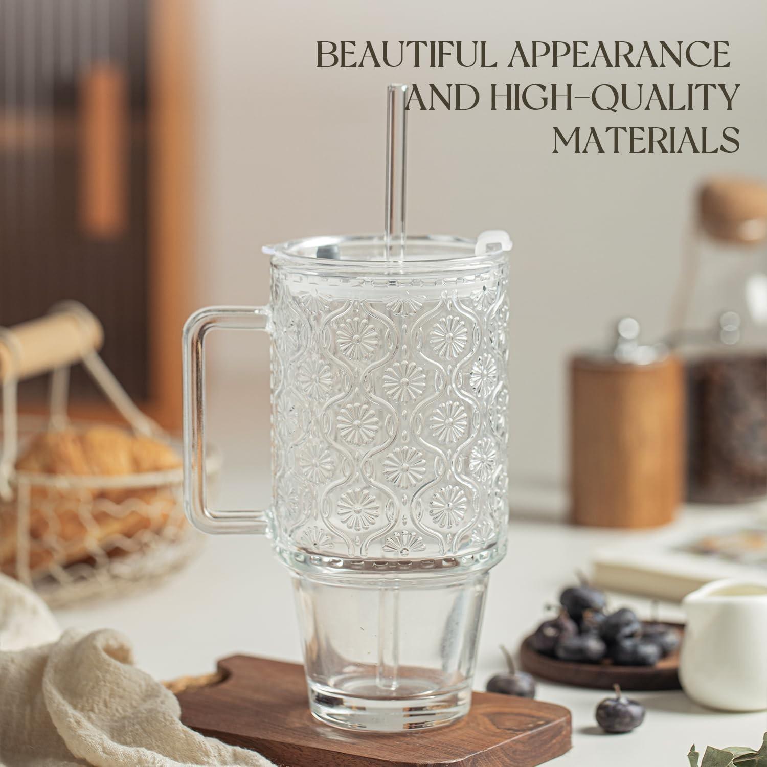 24oz Screw Top Glass Cup with Lid and Straw, Handle Water Bottle, Ice Coffee Mug, Reusable Transparent Drinkware for Smoothies and Beverages, Tumbler with Straw, Clear Water Bottle with Straw, Drink Container