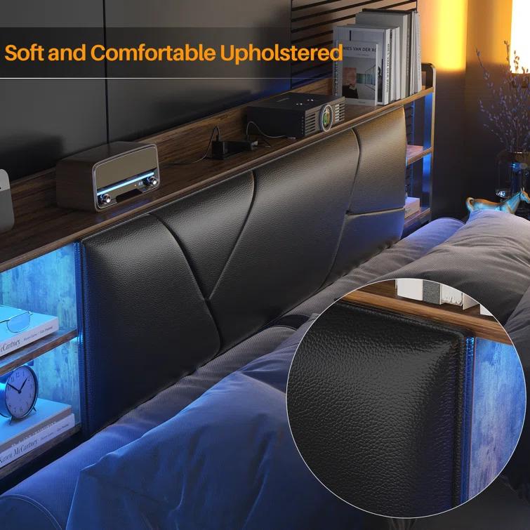 Upholstered Bed Frame with Soft PU Leather Headboard, Modern Storage Design, Intelligent RGB LED Lights, Luxury Comfort for Bedroom