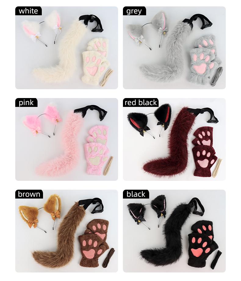 Cat Cosplay Costume Set – Plush Ears, Fluffy Tail & Paw Gloves for Halloween, Christmas, Anime Party