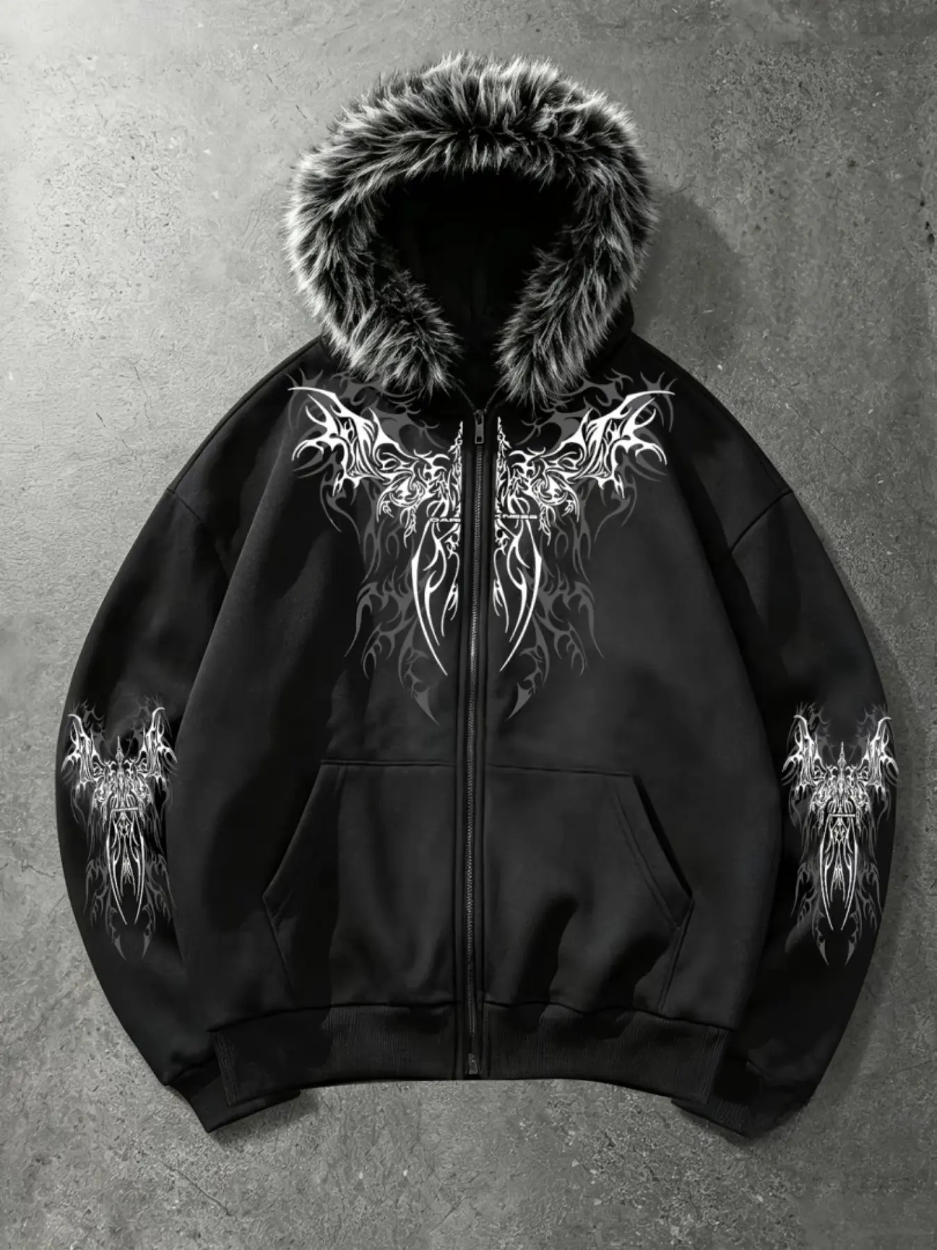 Neutral Y2K Gothic Angel Print Hooded Jacket, Fleece Lined, Zipper Style, Streetwear, Pockets, Casual Comfort, Warm, Outdoor & Daily Wear