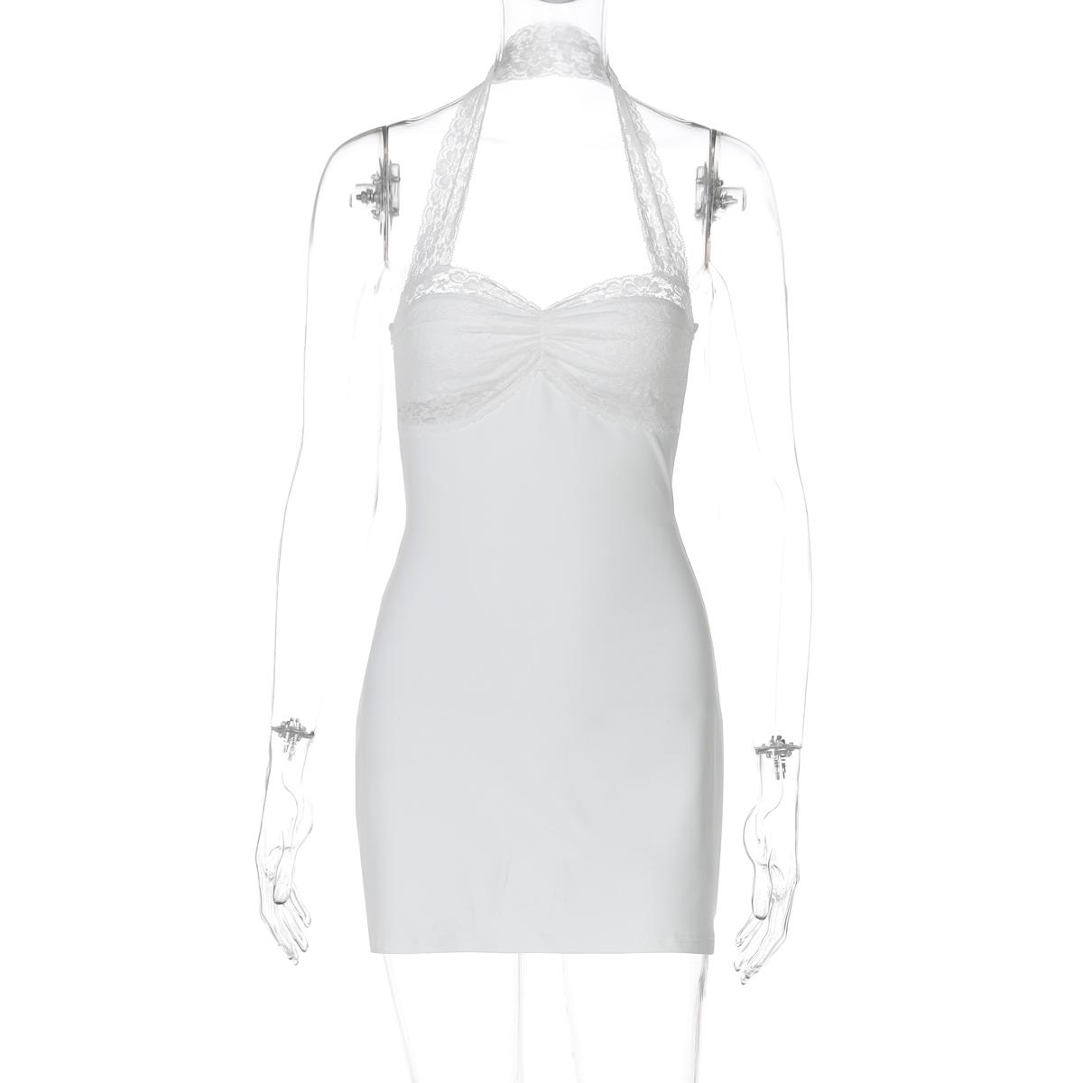 Halter Neck Double Layer Lace A-Line Dress Women's 2025 Summer New Casual Sexy Ruched Bust Party Club Dating Dress Beach Vacation Outfits Vibes Dress