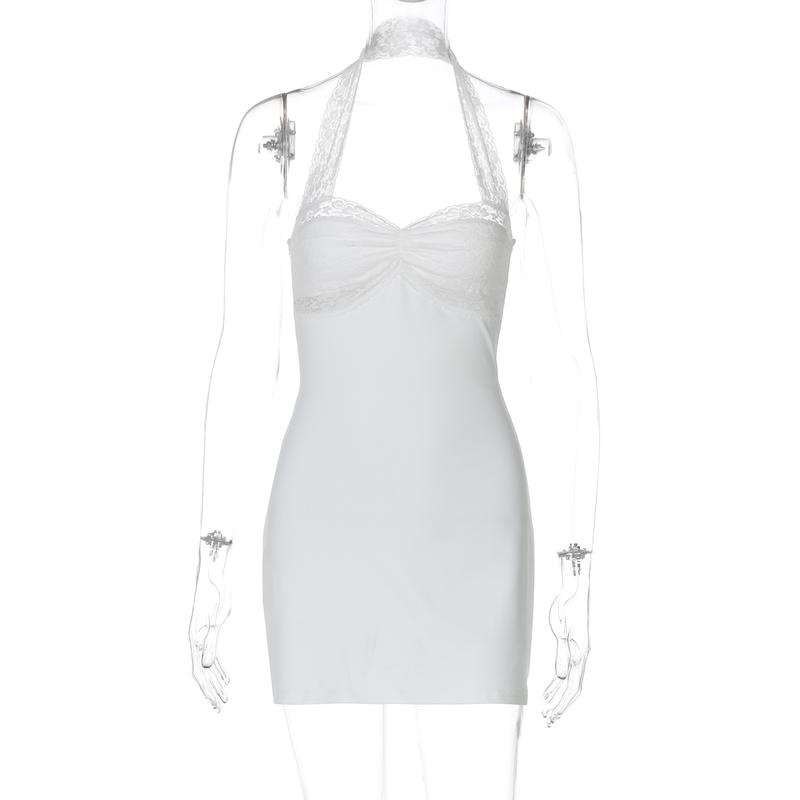 Halter Neck Double Layer Lace A-Line Dress Women's 2025 Summer New Casual Sexy Ruched Bust Party Club Dating Dress Beach Vacation Outfits Vibes Dress