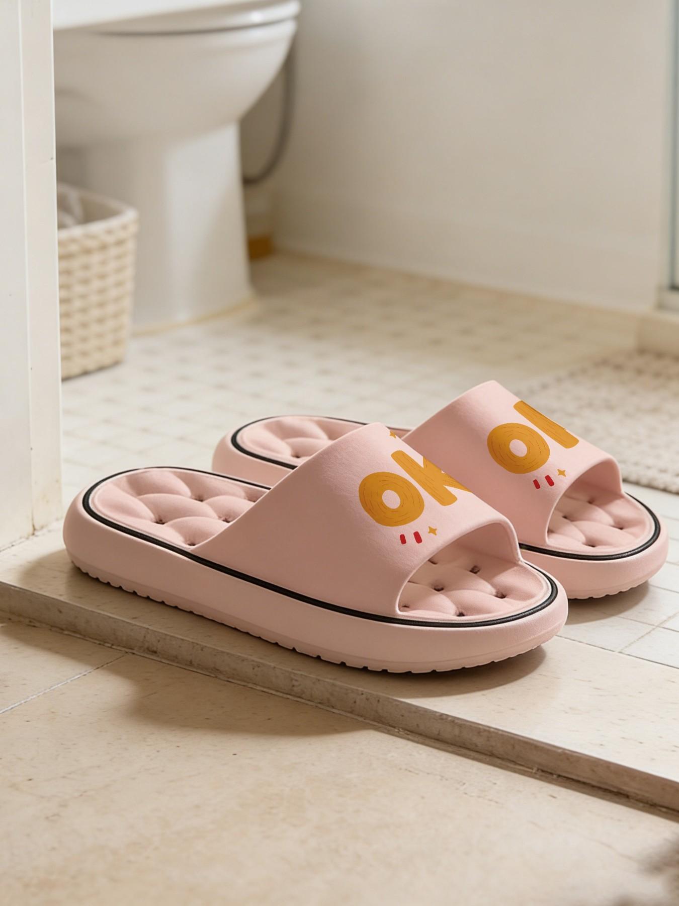 1 Pair OK Letter Printed Hollow Massage Thick Sole Slippers, Minimalist Vitality Style, Non-slip Soft Sole, Quick-dry for Bathroom, Indoor & Outdoor Dual-use, Open Toe Slides, Bathroom Casual Slippers
