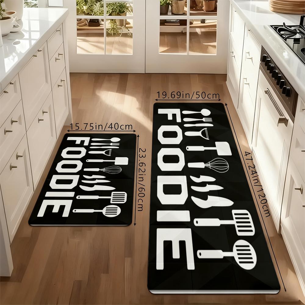 FOODIE Kitchen Rug Set, Black & White Utensil Pattern Non-Slip Washable Floor Mats, Chef Themed Runner Rugs for Kitchen, Dining Room & Home Decor