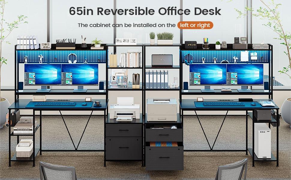 Sikaic 65 Inches Reversible LED Light Gaming Desk With Hutch Power Outlets Monitor Stand 2 Drawers 4 Shelves Pegboard 8 Hooks Mouse Pad Furniture