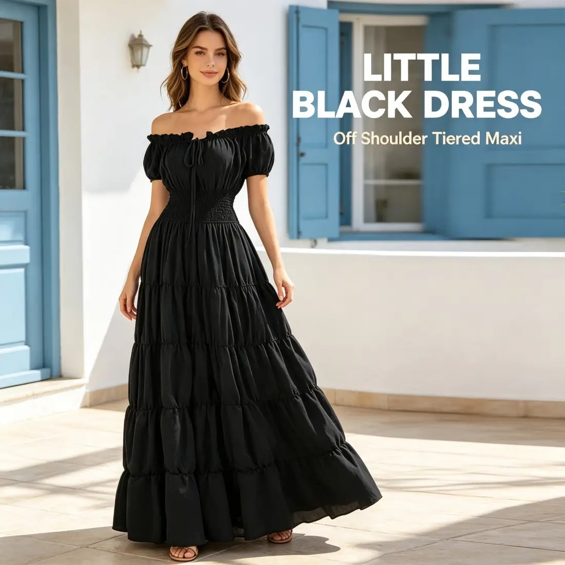 Women's Off-Shoulder Short Puff-Sleeve Tiered Maxi Dress, Casual Party Wear with Lightweight Fabric, Drawstring Smocked Waist and Flowy Design