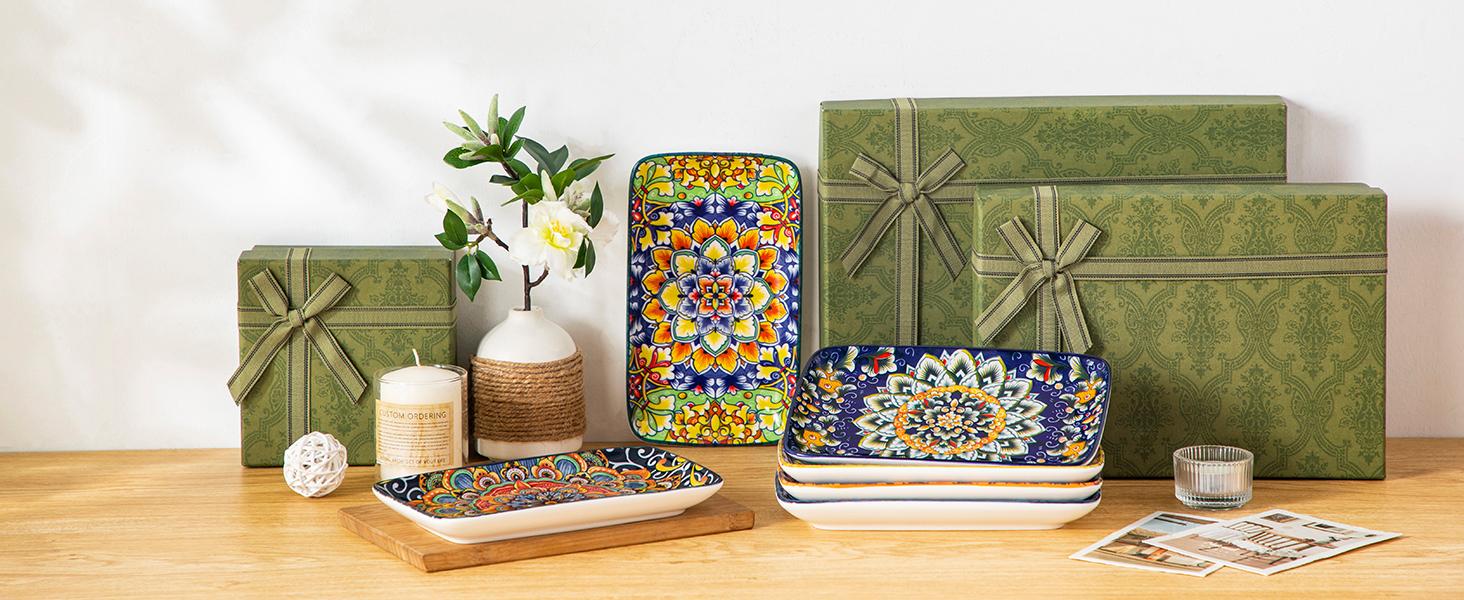 vancasso Simi Serving Platters & Plates Set – 3 Piece Rectangular Trays or 6 Piece Dinner Plates, Bohemian Ceramic Dish Set for Entertaining, Microwave & Dishwasher Safe Porcelain Dinnerware