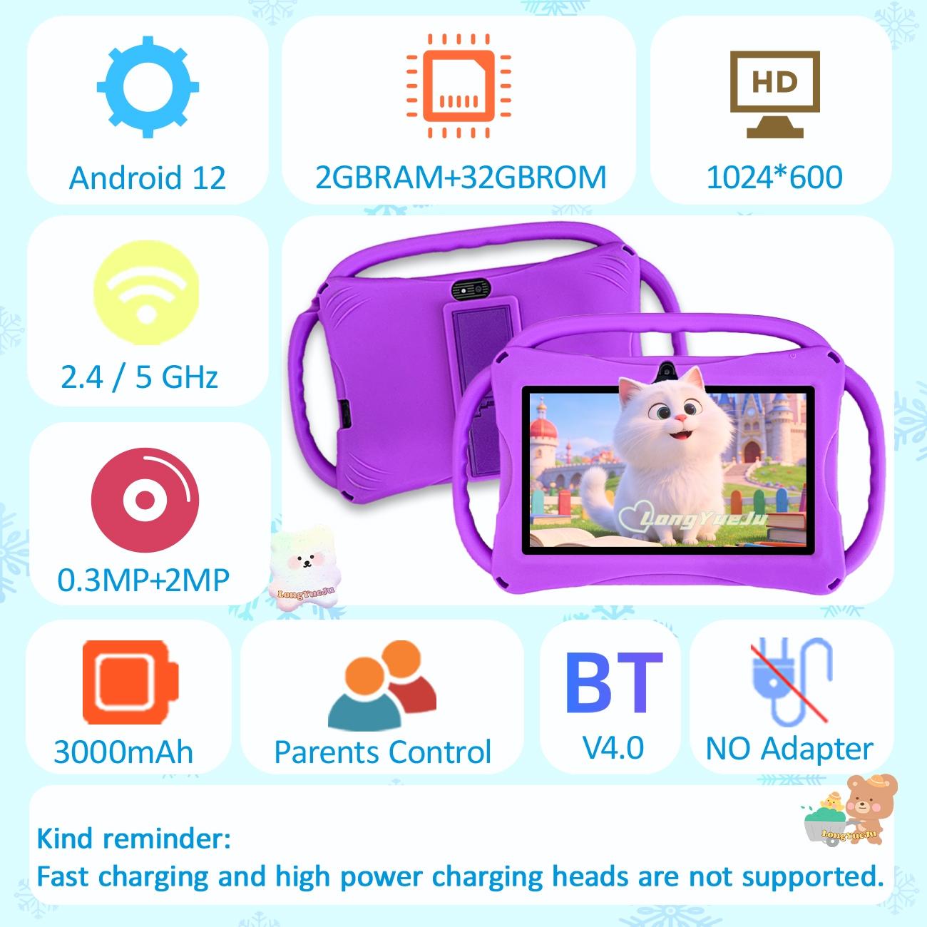 [GiftedInLove] Kids Learning Tablet 7 inch Android 12 Dual Cameras WiFi  Battery Protective Silicone Case Educational Apps Toddler Gifts Stress Relief Case Pink Blue New Year Gift