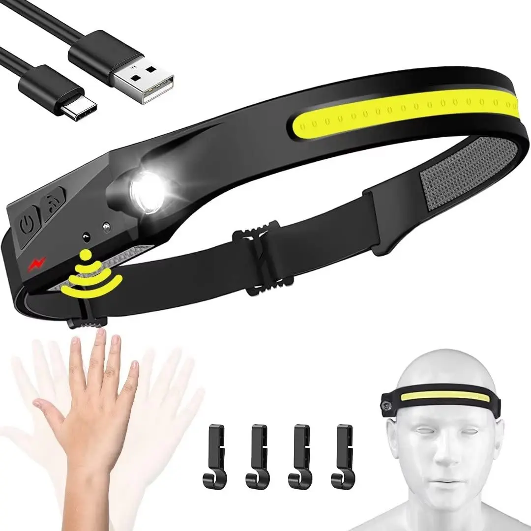 Rechargeable LED Headlamp 3-Pack with Charging Cable, 230° Wide Angle COB Light, 9 Modes, Motion Sensor, IPX4 Waterproof Elastic Headband for Adults, Hiking/Fishing, Christmas, Valentine's Day Gifts, Thanksgiving