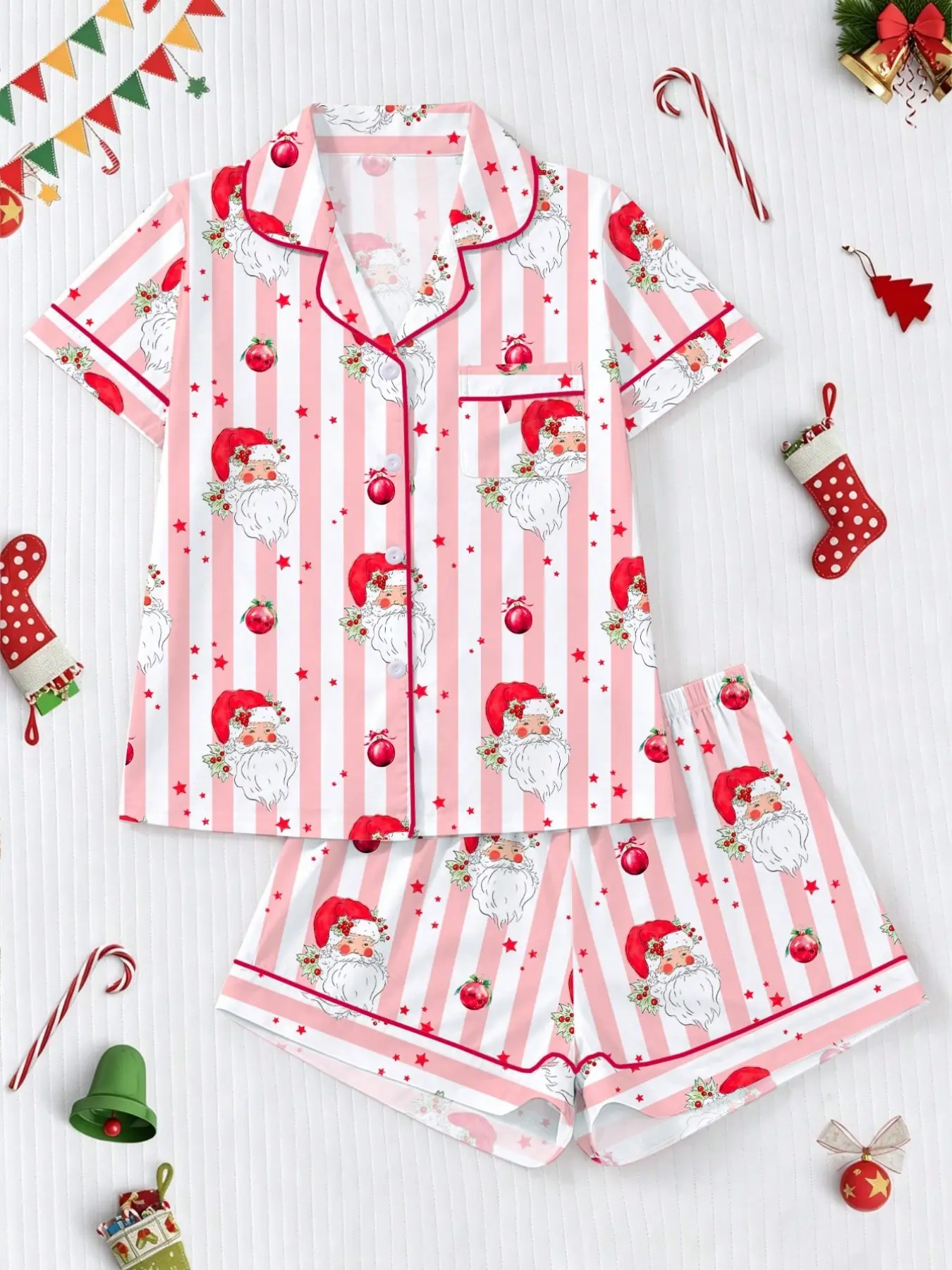 【Christmas】Women's Christmas Pajama Set, Striped Santa Print, Short Sleeve Button-Up Top, Elastic Shorts, Casual Holiday Sleepwear, Comfortable Home