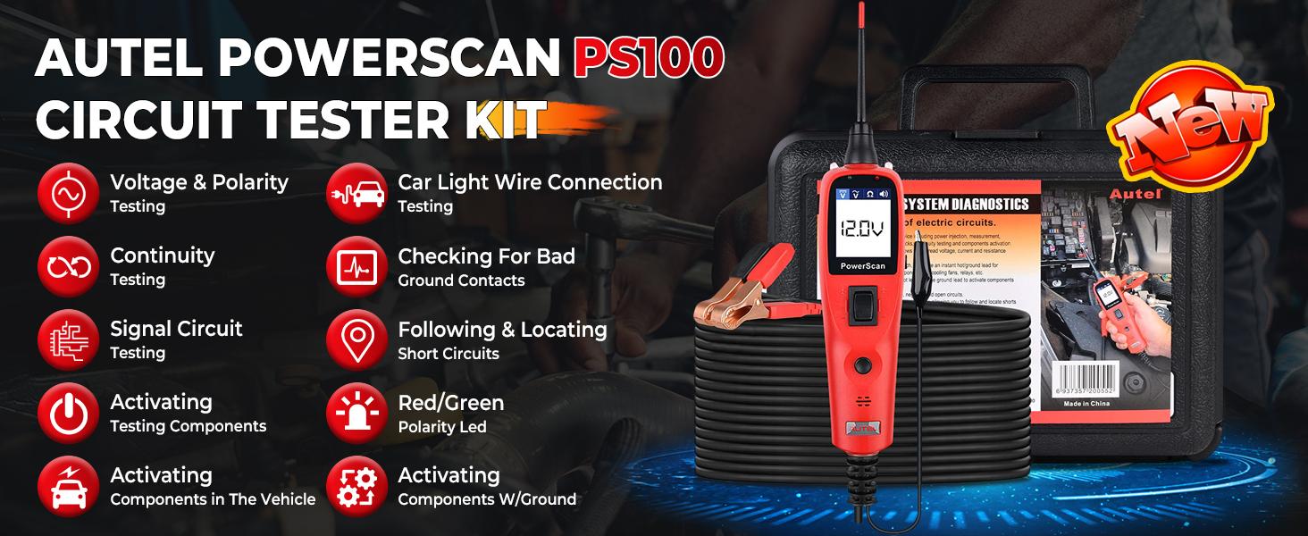 Autel Circuit Tester PS100, Power Circuit Probe Scan Tool, 12-24V Electrical Short Open Breaker Circuit Finder, Auto Circuit Tester, Digital Multimeter/Relay & Diode Resistance Tool Kit, 20FT Long Cord