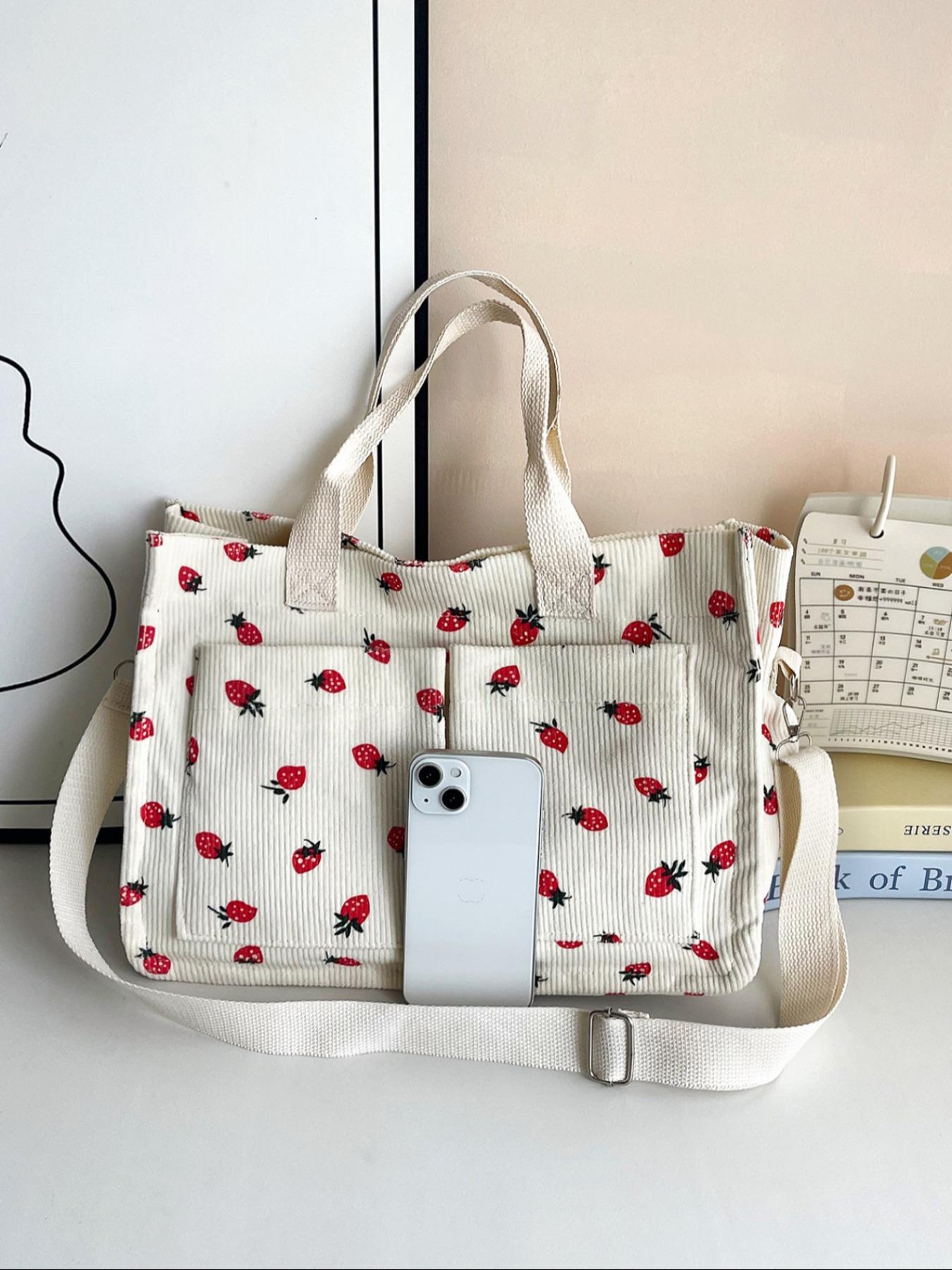 Stylish Strawberry Print Crossbody Shoulder Bag, Large Capacity Multi-Pocket Design, Perfect for Daily Commute & Shopping Needs, Floral Embossed Satchel