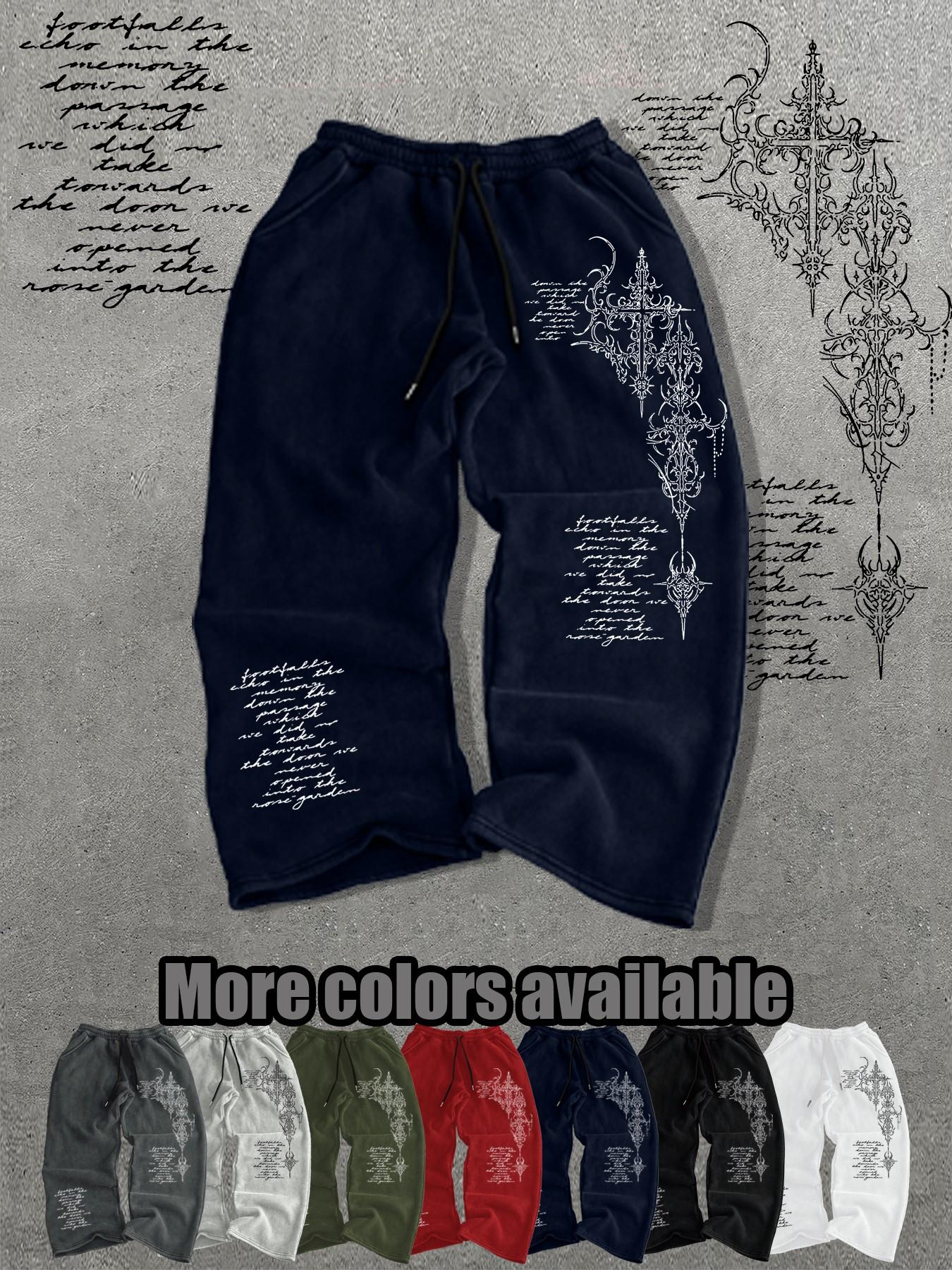 Men's Loose-Fit Graphic Pants, Drawstring Waist Long Pants, Streetwear Style, Casual Everyday Wear, Must-Have for Men's Closet