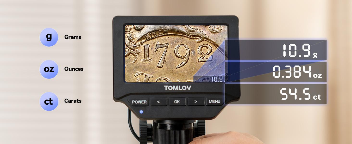 TOMLOV DM4W Microscope with Weighing Scale: 4.3" Digital Coin Microscope with Screen, Error Coin Magnifier with Lights, Weight Scale for Collectors, Jeweler, Students, Compatible with Windows/Mac