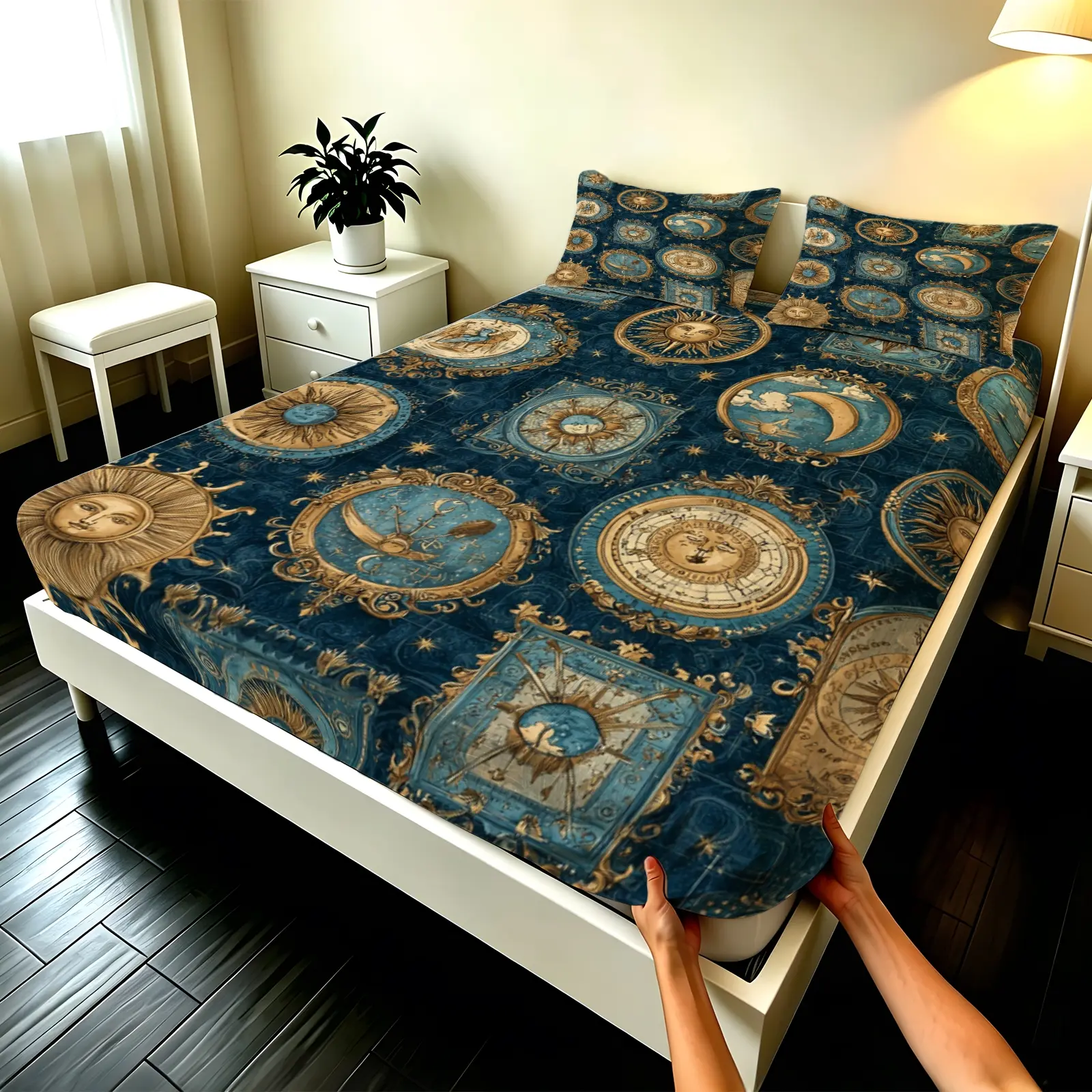 3pcs Fitted sheet Boho Vintage Celestial Sun Moon Astrology Print Bedding Set, Soft Microfiber Wrinkle Resistant Fade Proof Breathable Machine Washable Bed Sheet Set for Bedroom Guest Room, Fit Twin Full Queen King Size