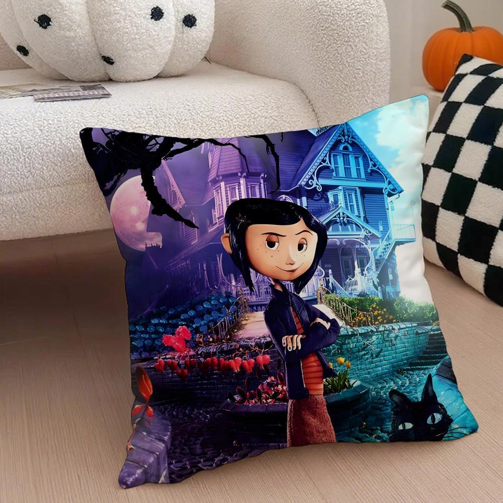 anime hot cute Coraline Pillow Case Anti-dustmite Pillowcase Sofa Cushion Cover with Invisible Zipper Silky Short Plush Polyester Microfiber Fabric White Available in Different Sizes for Home Bed Use