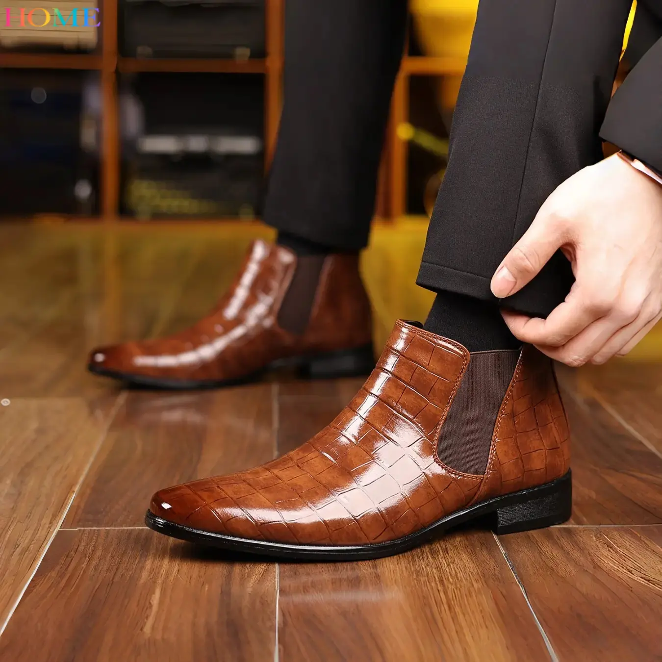 HOME Chelsea Boots with Glossy Finish, Crocodile Pattern PU Leather, Casual Above Ankle Boots, Classic Ankle Boots, All Seasons, Rubber Sole