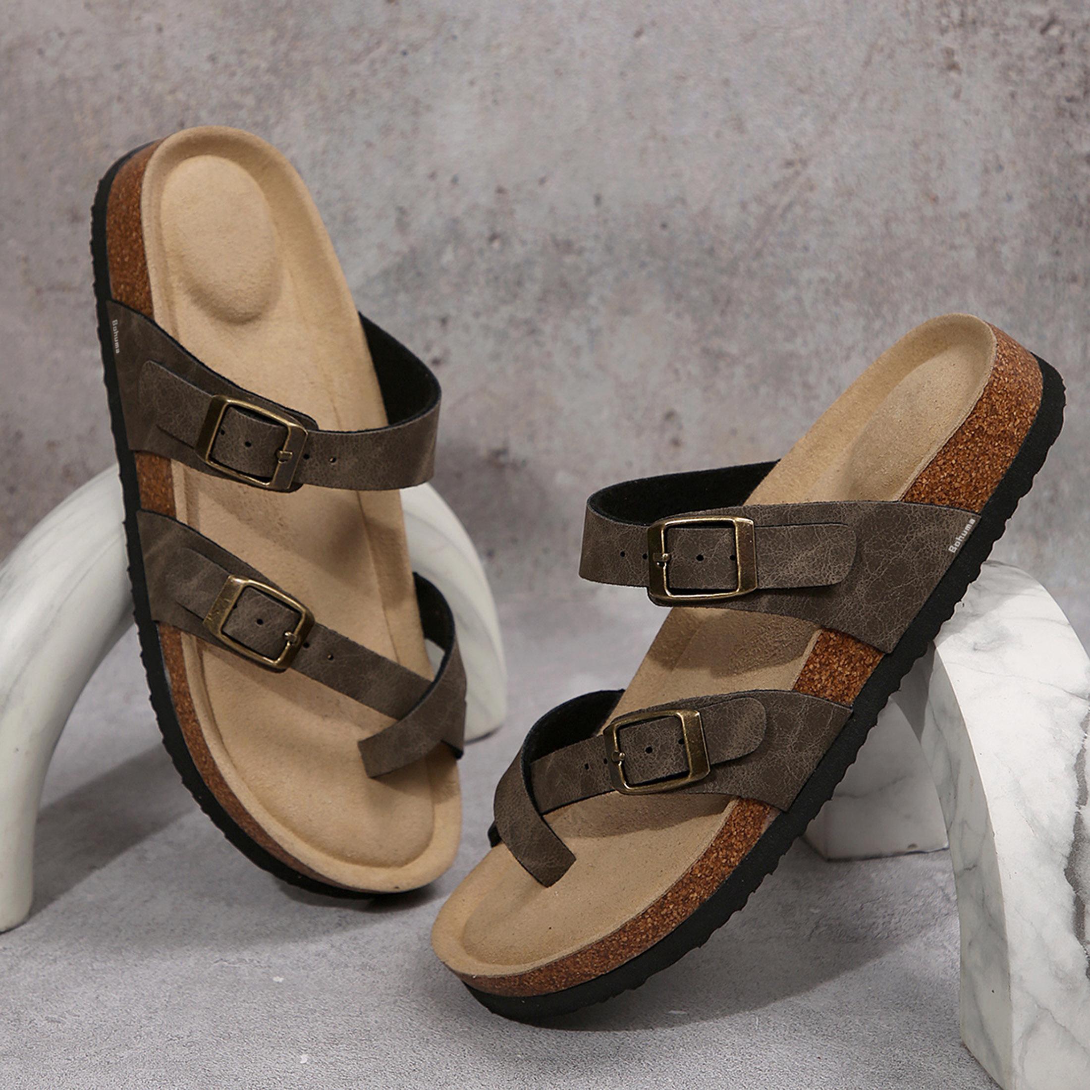 Womens Adjustable Buckle Strappy Slip-On Slippers Cork Footbed Slides For Sandals Outdoor