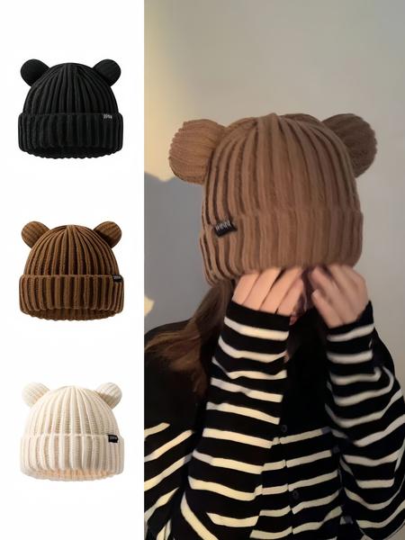 Women's Animal Ear Knit Beanie Hat, Casual Letter Patch Acrylic Warm Cap, Bear Shape Fitted Sweater Hat for All Seasons, Knitted Winter Hat