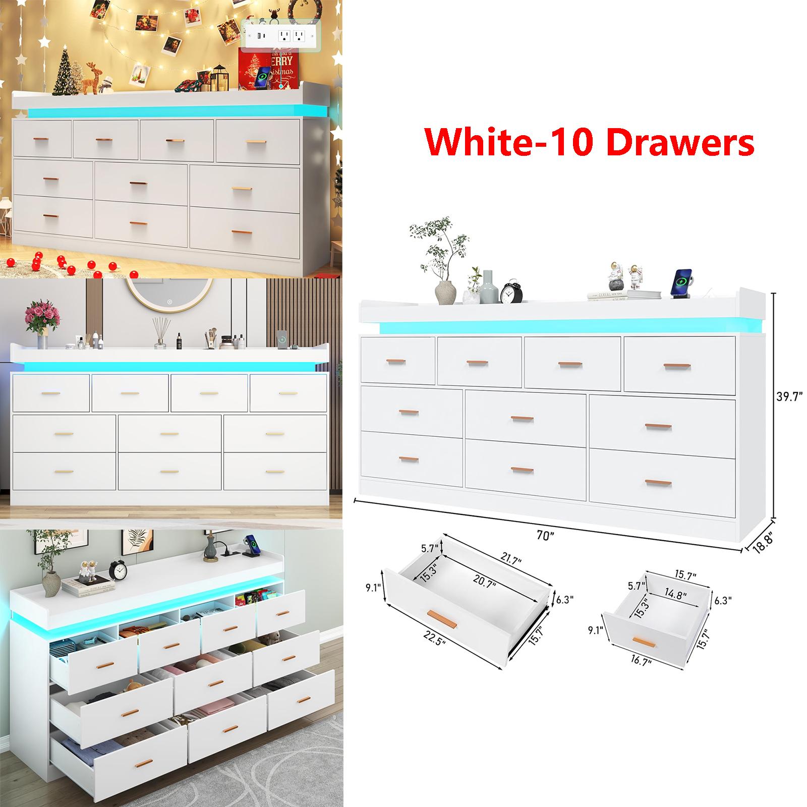 Dresser with LED Light and Charging Station, Modern Chest of Drawers for Closet, Wide Drawer Organizer Cabinet for Bedroom, Living Room, Entryway, Hallway