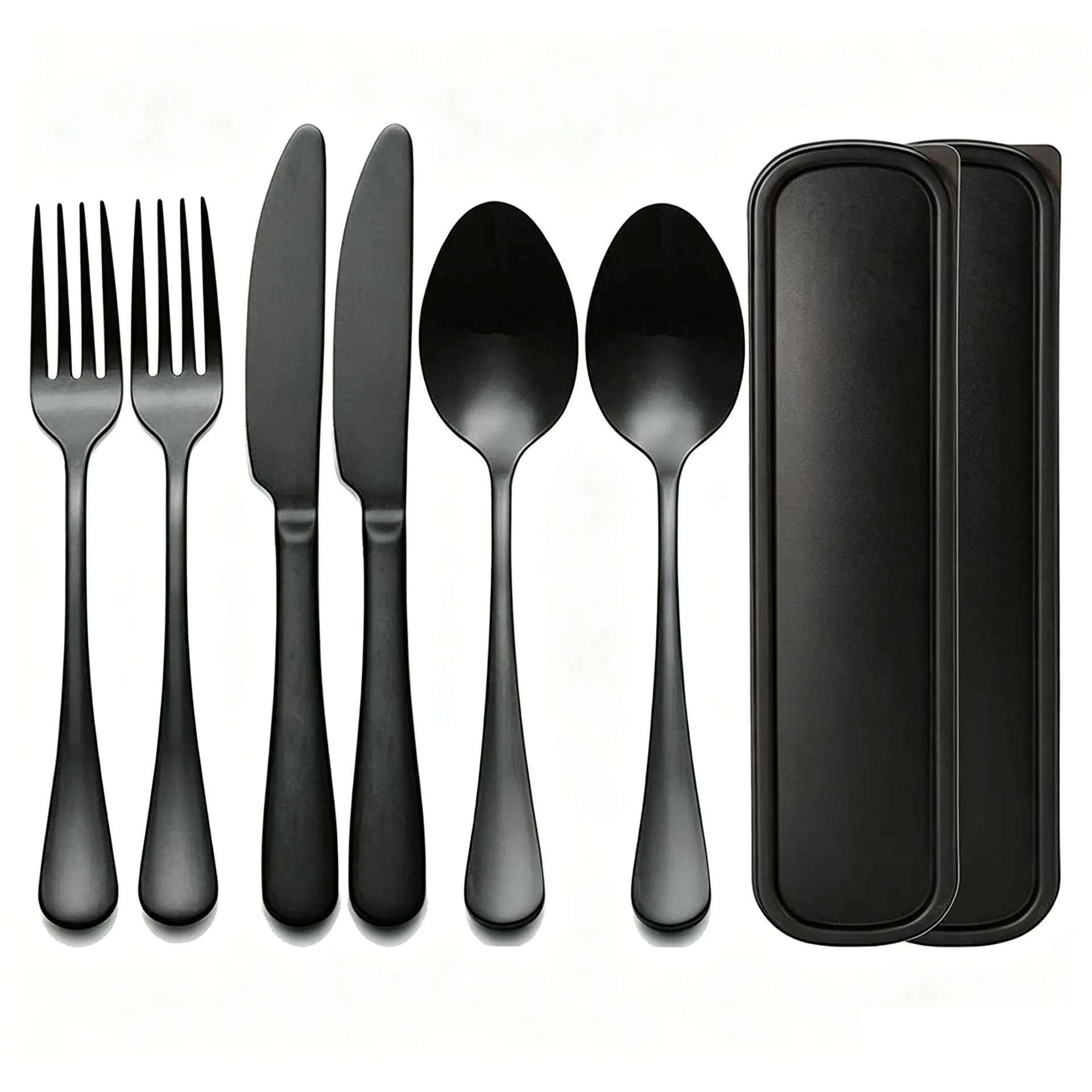 Matte Black Portable Travel Cutlery Set, Stainless Steel Reusable Knife Fork Spoon, Camping Office Holiday Dinner, 1/2set with Storage Case