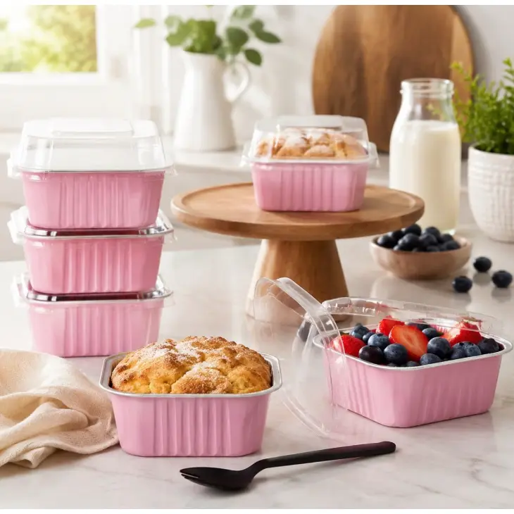Pink 100-Pack Stackable Aluminum Foil Mini Cake Pans with Transparent Lids, Handles & Spoons, 10oz Disposable Oven-Safe Bakeware, Portable Baking Tins for Party Bake Sale Desserts,home decor