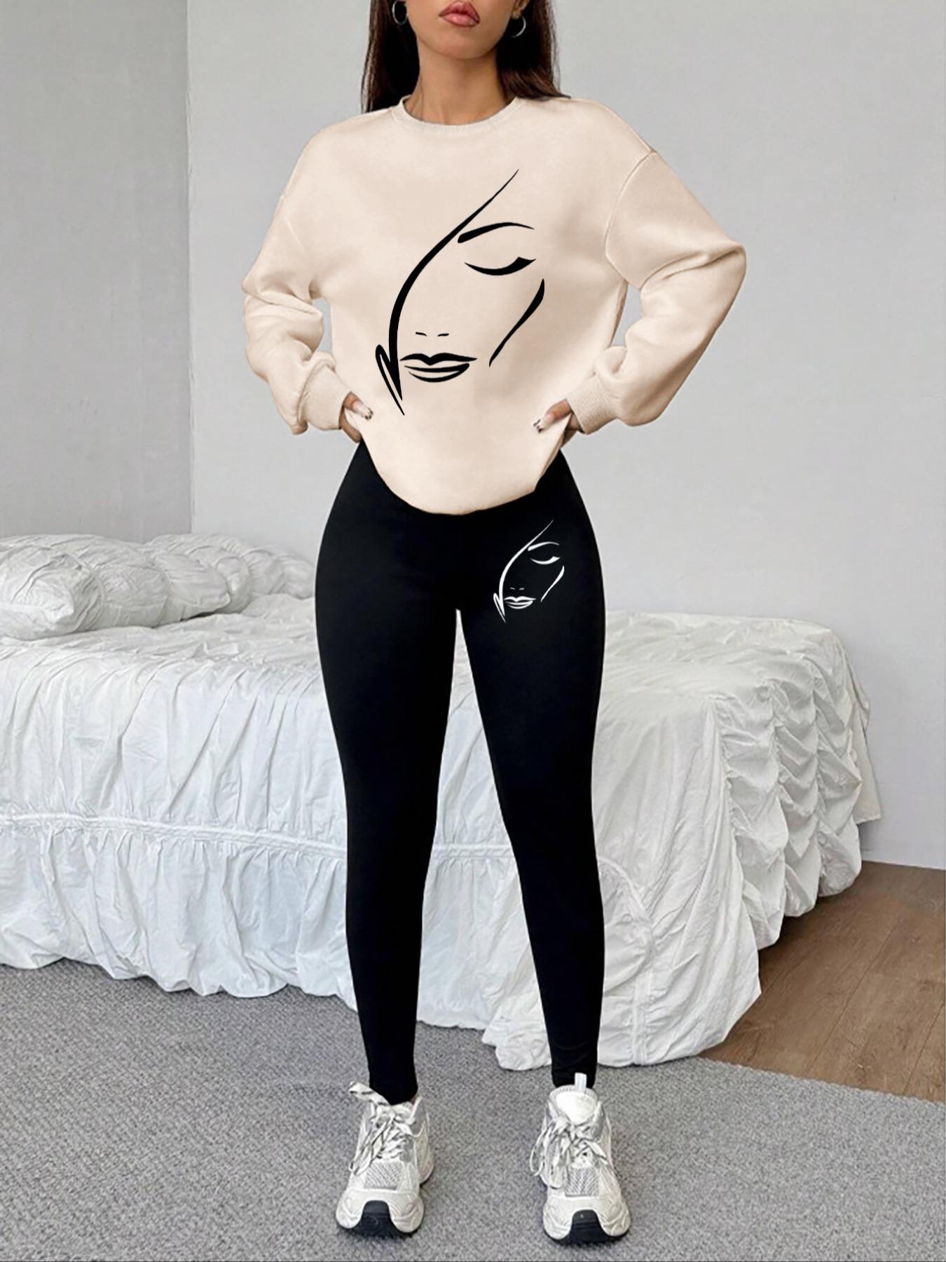 Women's 2-Piece Sweatshirt Set, Face Print Round Neck Long Sleeve Top, Long Pants, Casual Fall Winter, Holiday Sale