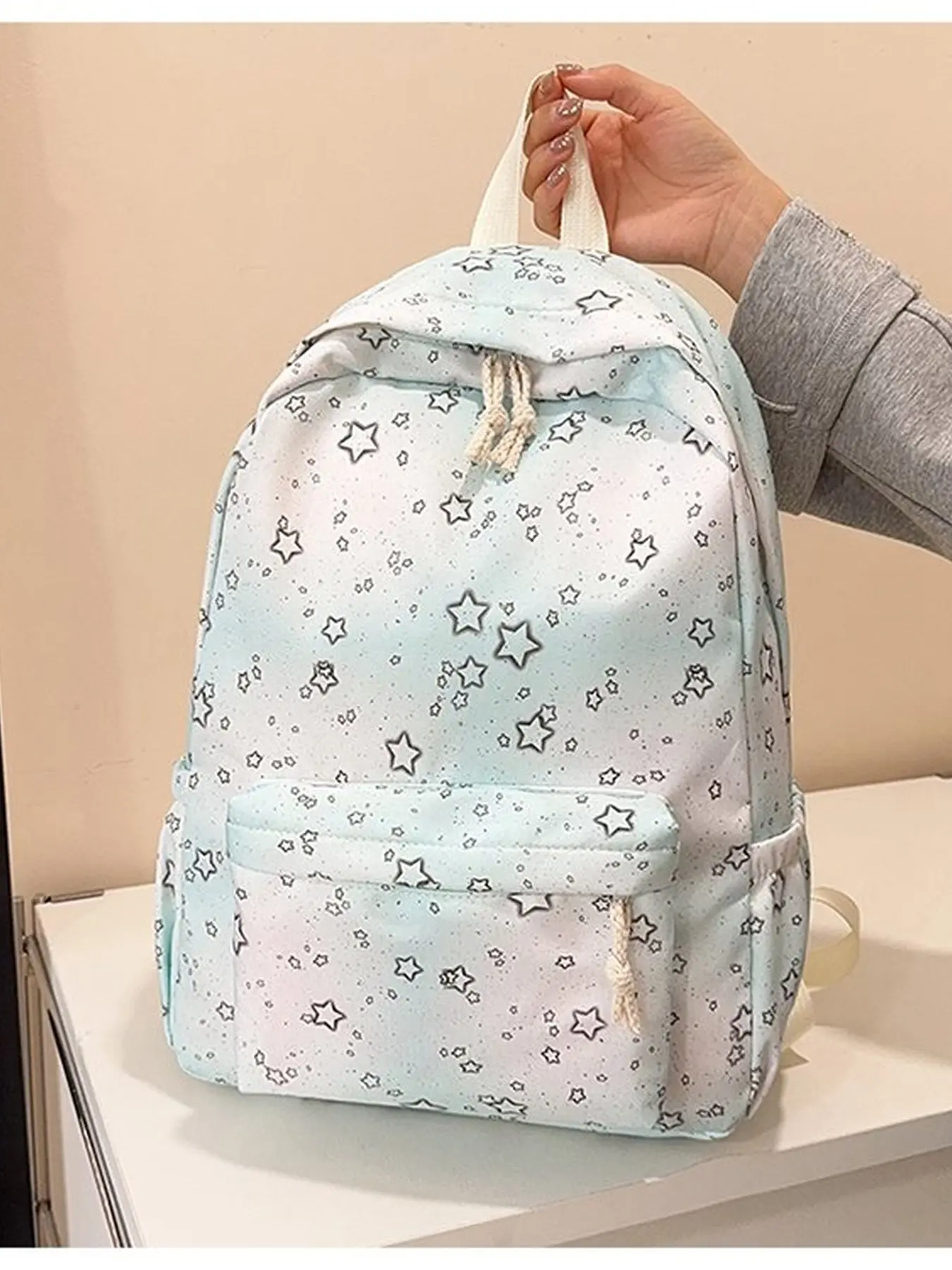 Women's Star Print Backpack, Soft Pastel Large Capacity Waterproof School Bag, Lightweight Versatile Travel Commute Backpack