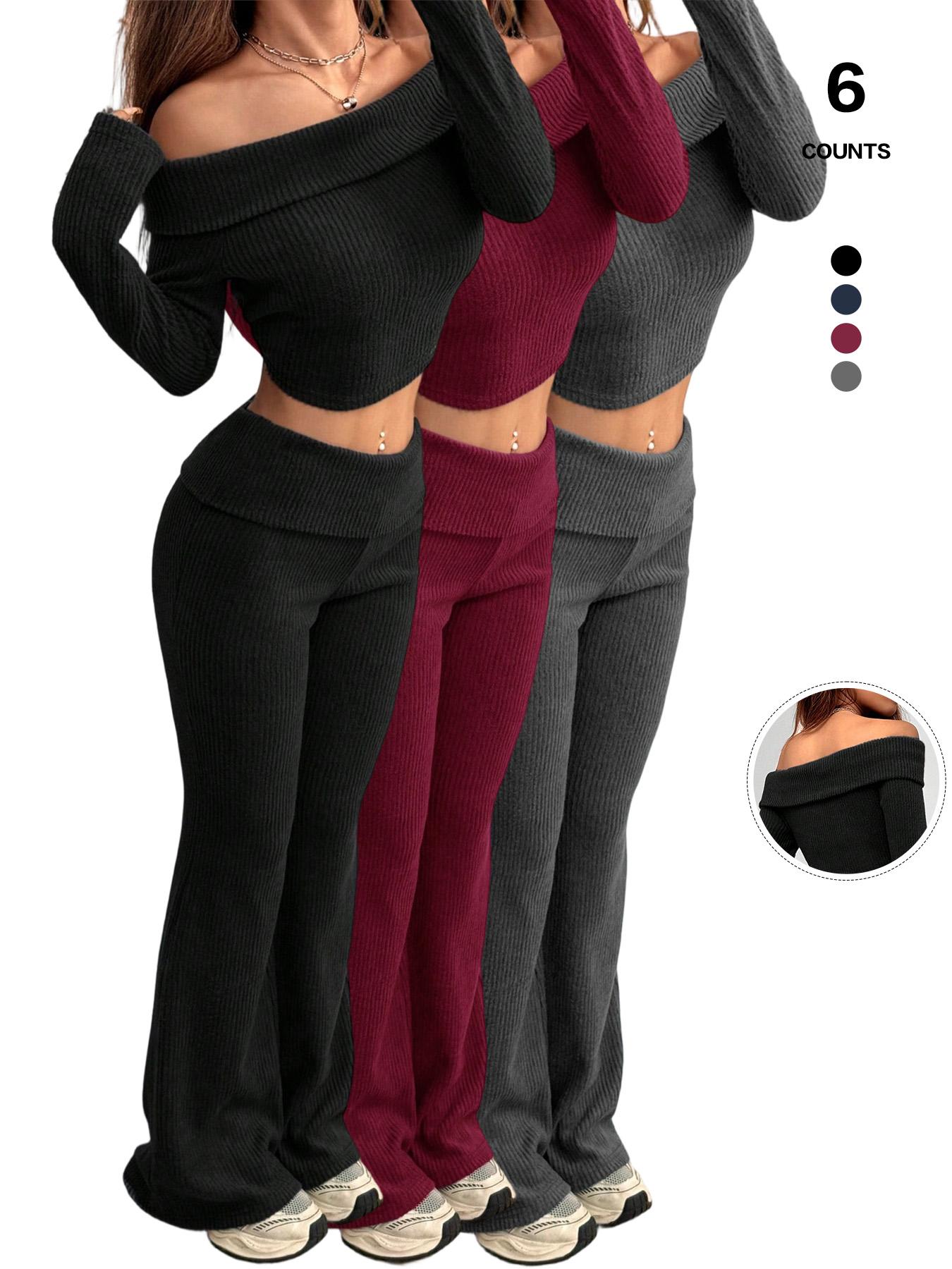 2026 Women's 2-Piece Matching Set, Off-The-Shoulder Long Sleeve Crop Top & High-Waist Flare Leg Pants, Sexy Y2K Ribbed Knit