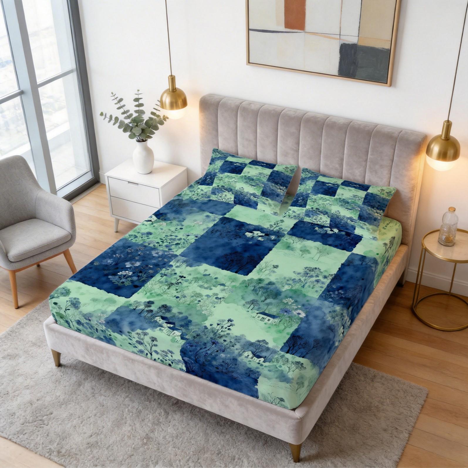 3 Pcs Watercolor Landscape Checkered Fitted Sheet Set, HD Digital Printed Fitted Sheet (No Insert), Soft Breathable Deep Pocket Mattress Cover, Aesthetic Bedroom Decor Bedding Set