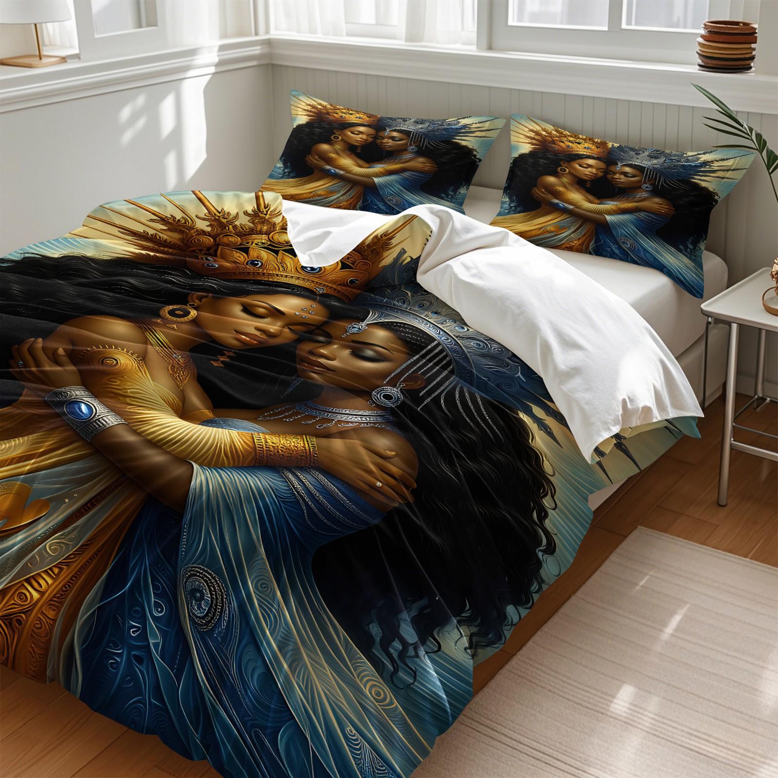 3PCS Gold Blue Black Goddess Hug Duvet Cover Set (1 Duvet Cover + 1-2 Coreless Pillowcases), African Queen Crown Art Print, Skin-Friendly Soft Comfy All Seasons Summer Vibes Artistic Print Bedding Set, Ideal for Bedroom Dorm Decor, Printed Bedding Set