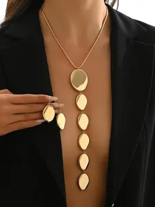 Lxalry Elegant Geometric Oval Design Jewelry Set, Chic Necklace Earrings Bracelet Accessories, Metal Finish, 3 Piece Set