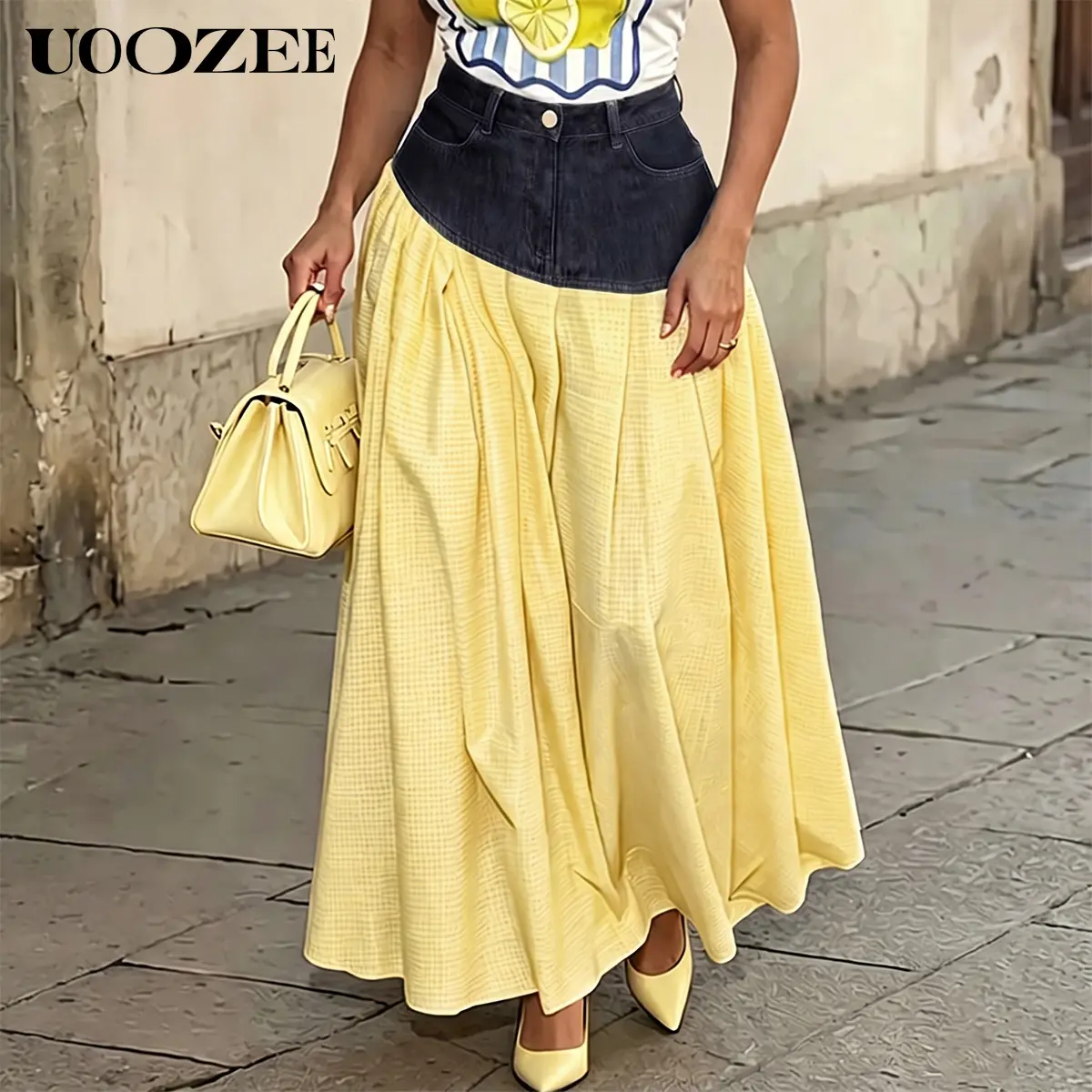 UOOZEE Women's Feminine Asymmetrical Denim Waist Grid Textured Maxi Skirt, High Waist Elastic Back A-Line Patchwork Flowy Pleated Long Skirt with Pockets, Size Down for Slim Figures, Curvy Summer Casual Vacation Streetwear Bottom  Dress
